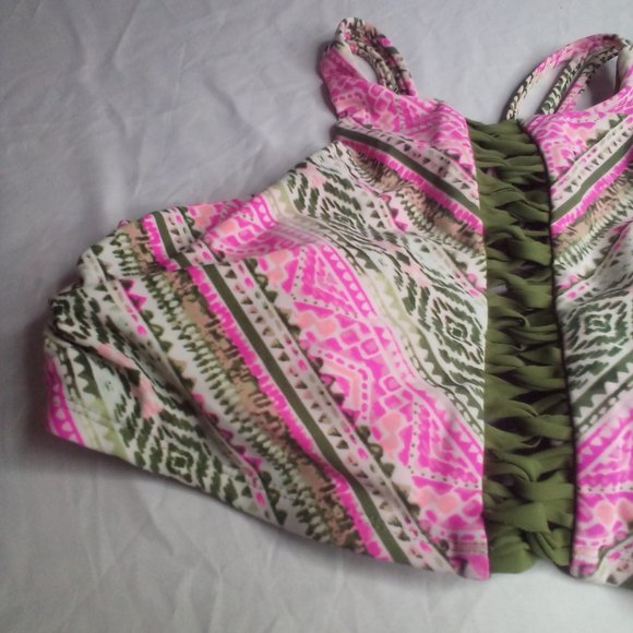 Time And Tru Swim Top M 8-10 Cut-Out Strappy Green Pink - Picture 12 of 14